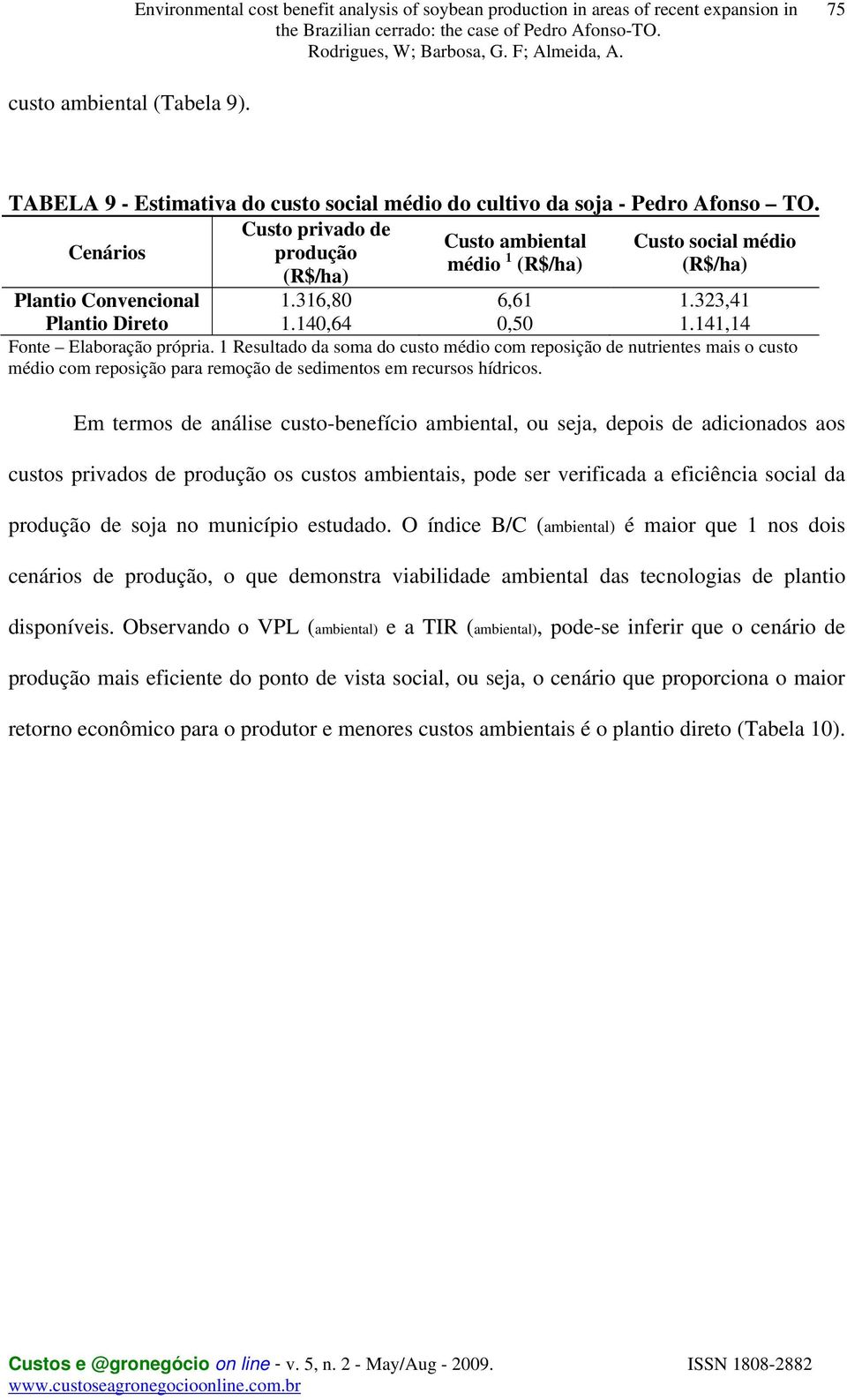 141,14 Fonte Elaboração própria. 1 Resultado da soma do custo médio com reposição de nutrientes mais o custo médio com reposição para remoção de sedimentos em recursos hídricos.