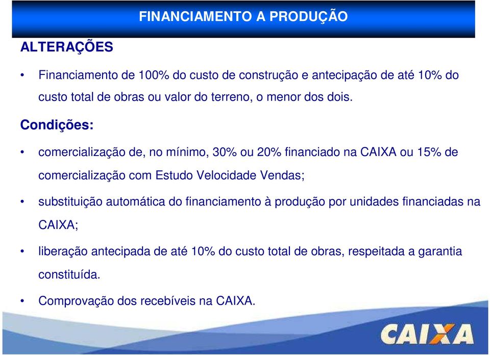 Condições: comercialização de, no mínimo, 30% ou 20% financiado na CAIXA ou 15% de comercialização com Estudo Velocidade Vendas;