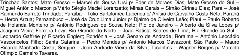 de Holanda Monteiro p/ Antônio Rodrigues de Sousa Neto; Rio de Janeiro Alberto da Silva Lopes p/ Joaquim Vieira Ferreira Levy; Rio Grande do Norte João Batista Soares de Lima; Rio Grande do Sul