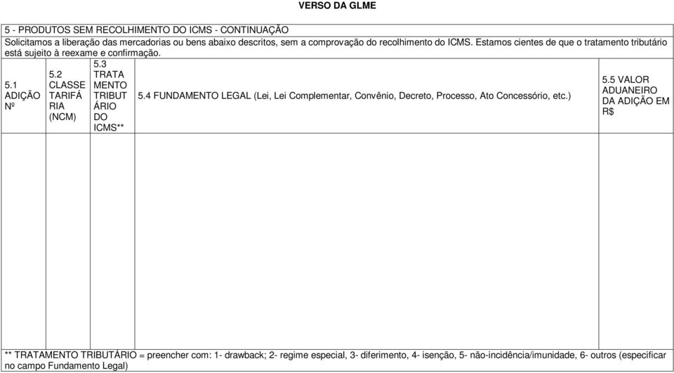 3 TRATA MENTO TRIBUT ÁRIO DO ICMS** 5.4 FUNDAMENTO LEGAL (Lei, Lei Complementar, Convênio, Decreto, Processo, Ato Concessório, etc.) 5.