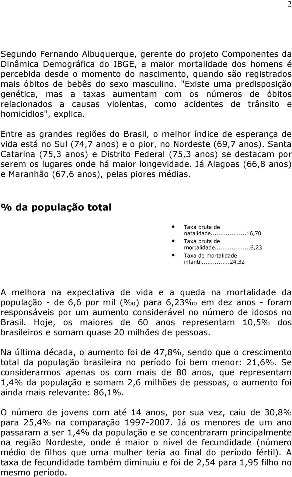Entre as grandes regiões do Brasil, o melhor índice de esperança de vida está no Sul (74,7 anos) e o pior, no Nordeste (69,7 anos).