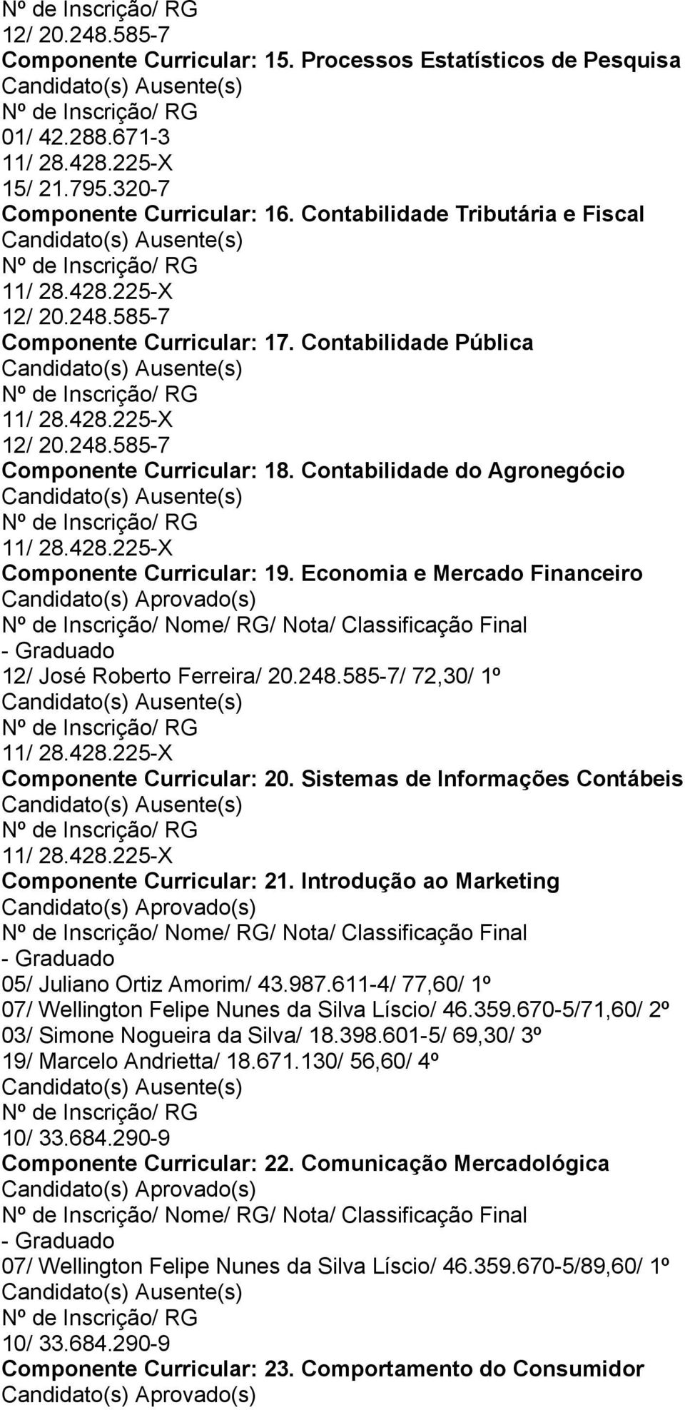 585-7/ 72,30/ 1º Componente Curricular: 20. Sistemas de Informações Contábeis Componente Curricular: 21. Introdução ao Marketing 05/ Juliano Ortiz Amorim/ 43.987.