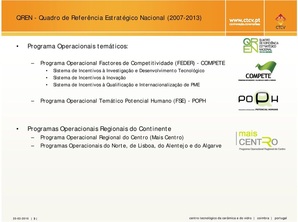 Internacionalização de PME Programa Operacional Temático Potencial Humano (FSE) - POPH Programas Operacionais Regionais do Continente Programa Operacional