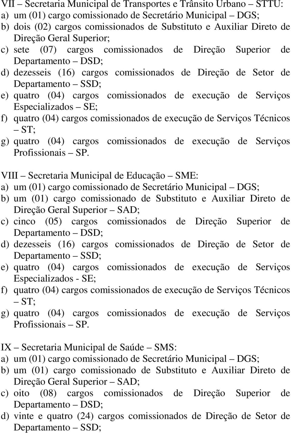 Serviços Técnicos g) quatro (04) cargos comissionados de execução de Serviços VIII Secretaria Municipal de Educação SME: b) um (01) cargo comissionado de Substituto e Auxiliar Direto de c) cinco (05)