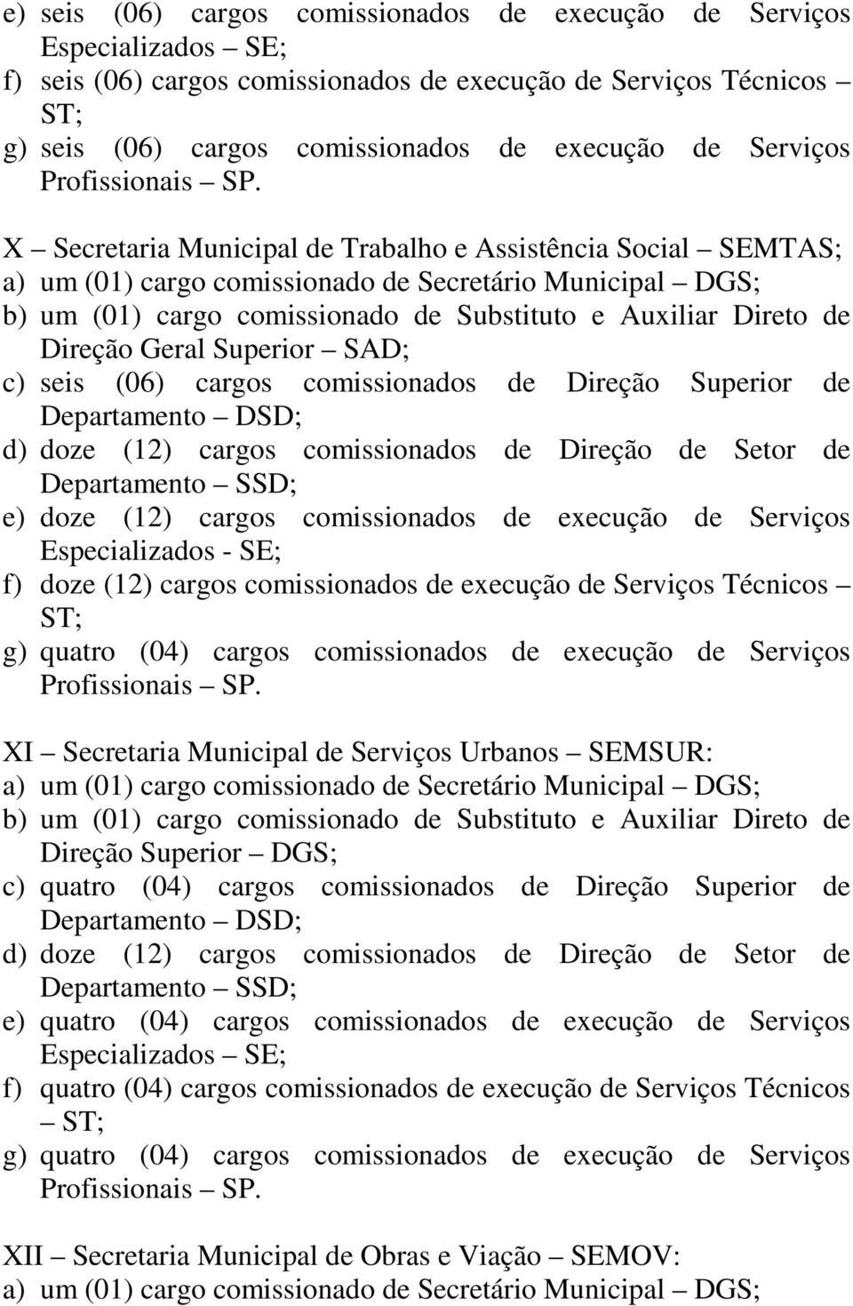 comissionados de Direção de Setor de e) doze (12) cargos comissionados de execução de Serviços Especializados - SE; f) doze (12) cargos comissionados de execução de Serviços Técnicos g) quatro (04)