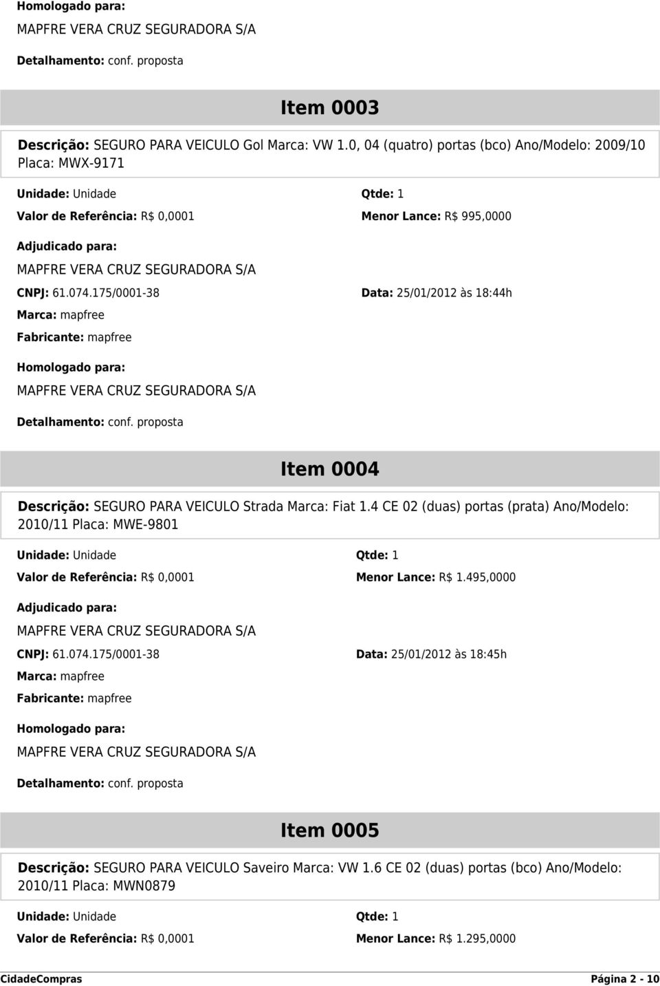 175/0001-38 Data: 25/01/2012 às 18:44h Item 0004 Descrição: SEGURO PARA VEICULO Strada Marca: Fiat 1.