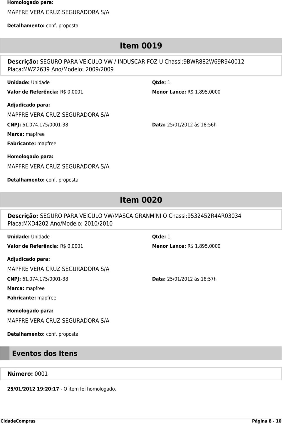 175/0001-38 Data: 25/01/2012 às 18:56h Item 0020 Descrição: SEGURO PARA VEICULO VW/MASCA GRANMINI O Chassi:9532452R4AR03034