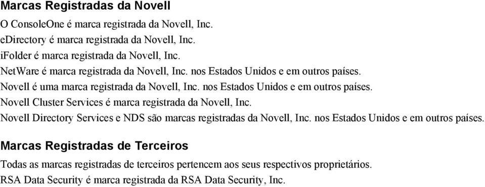 Novell Directory Services e NDS são marcas registradas da Novell, Inc. nos Estados Unidos e em outros países.