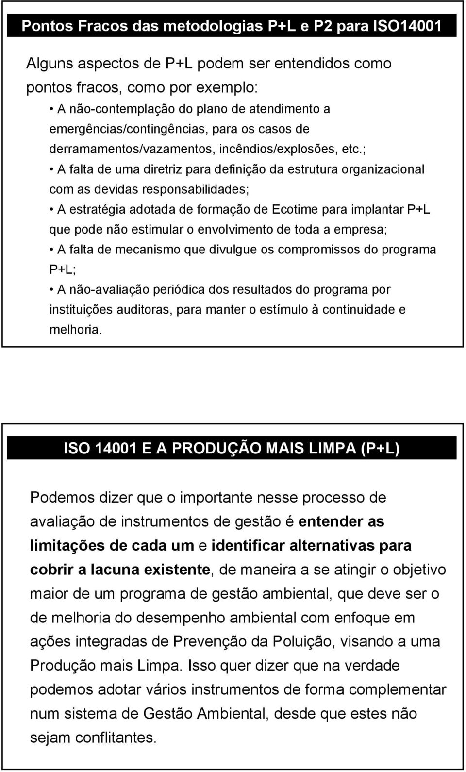 ; A falta de uma diretriz para definição da estrutura organizacional com as devidas responsabilidades; A estratégia adotada de formação de Ecotime para implantar P+L que pode não estimular o