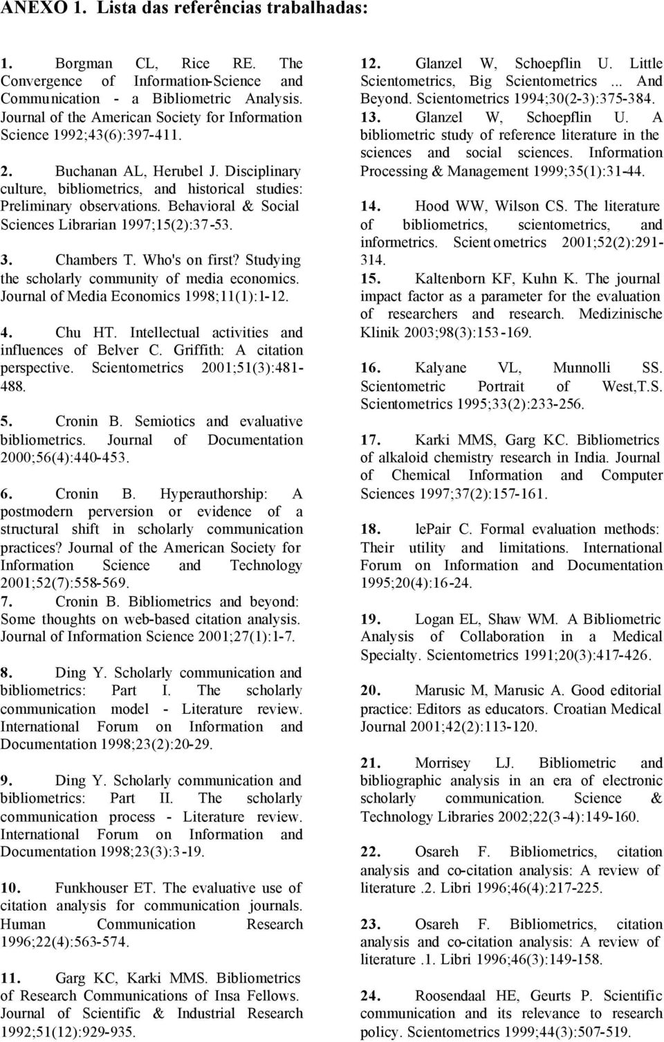 Behavioral & Social Sciences Librarian 1997;15(2):37-53. 3. Chambers T. Who's on first? Studying the scholarly community of media economics. Journal of Media Economics 1998;11(1):1-12. 4. Chu HT.