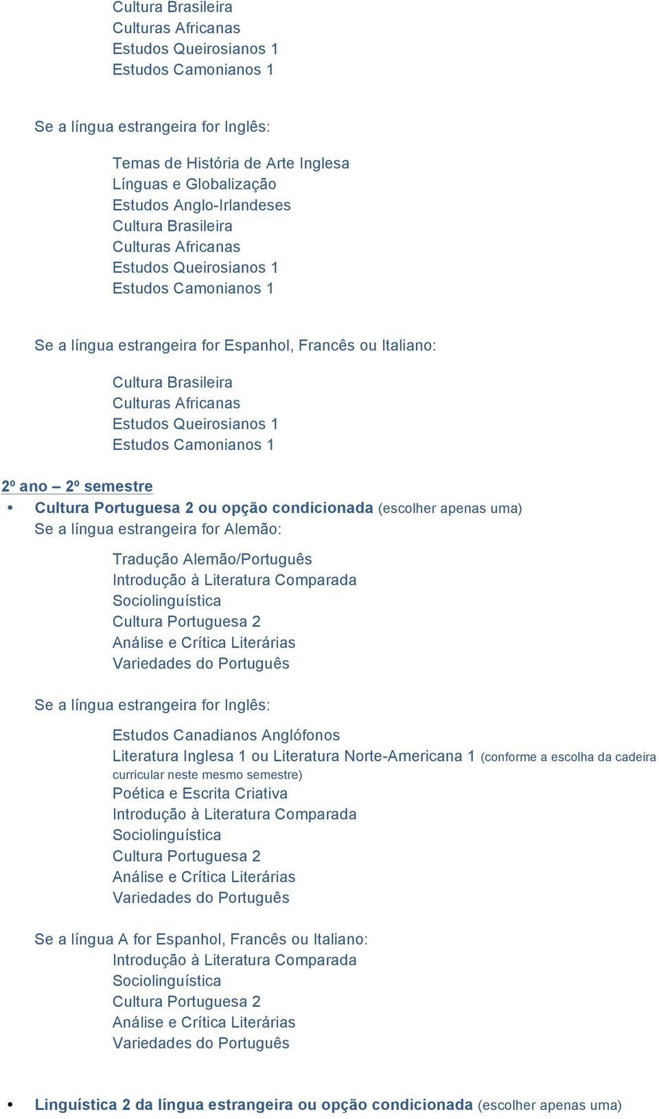 1 Estudos Camonianos 1 2º ano 2º semestre Cultura Portuguesa 2 ou opção condicionada Se a língua estrangeira for Alemão: Cultura Portuguesa 2 Se a língua estrangeira for Inglês: Literatura Inglesa 1