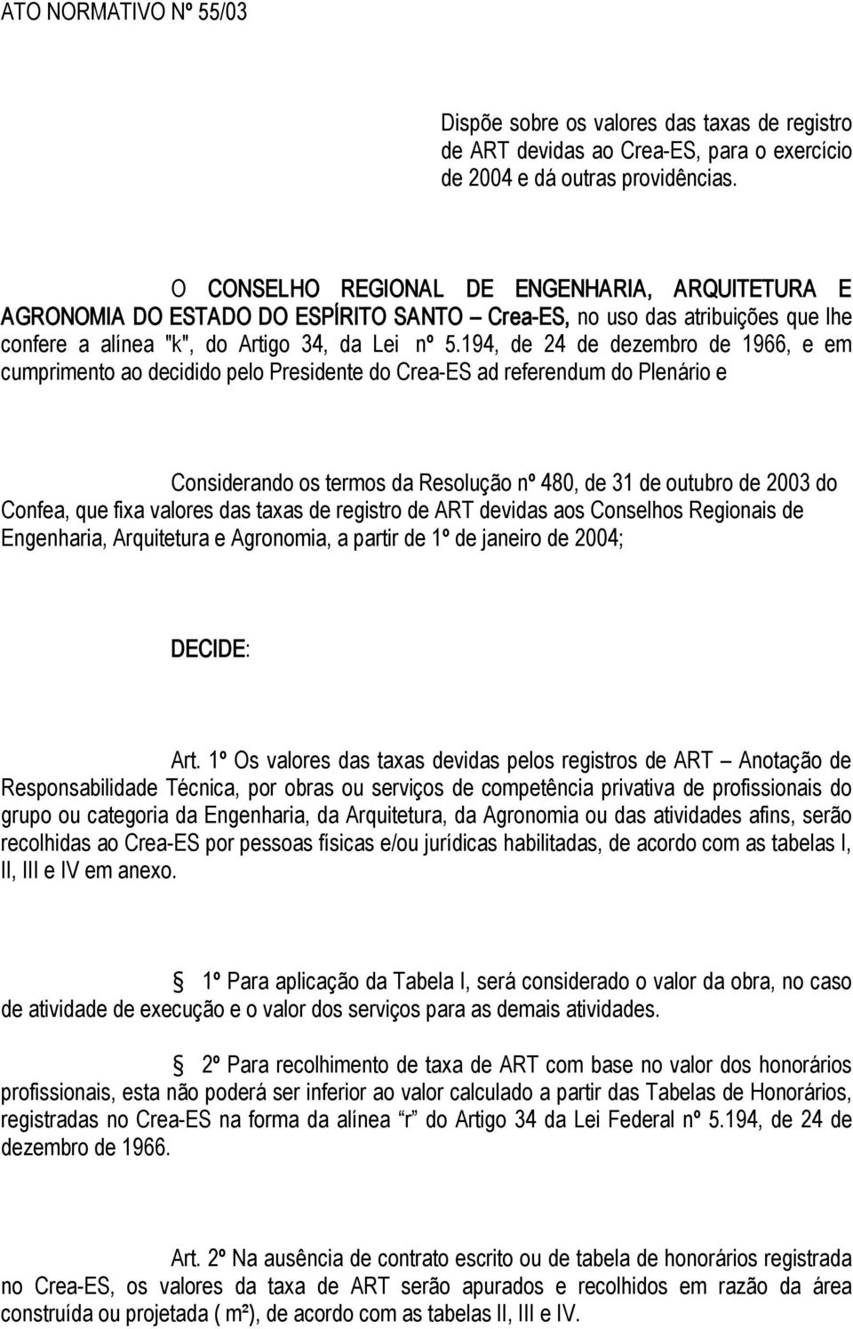 194, de 24 de dezembro de 1966, e em cumprimento ao decidido pelo Presidente do Crea ES ad referendum do Plenário e Considerando os termos da Resolução nº 480, de 31 de outubro de 2003 do Confea, que