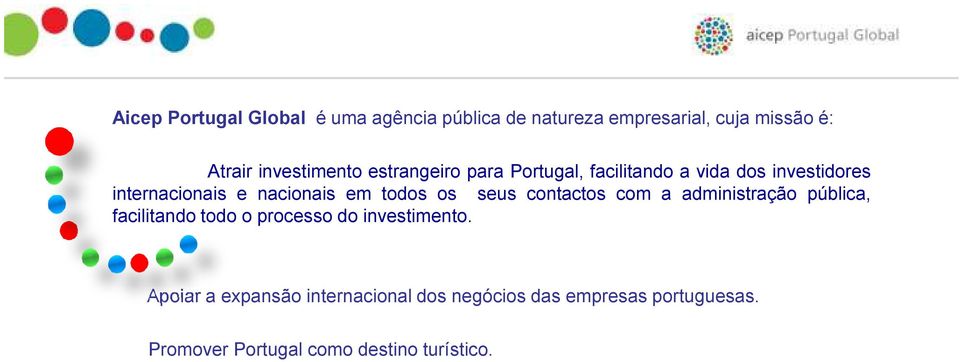 pública, facilitando todo o processo do investimento. Apoiar a expansão internacional dos negócios das empresas portuguesas.