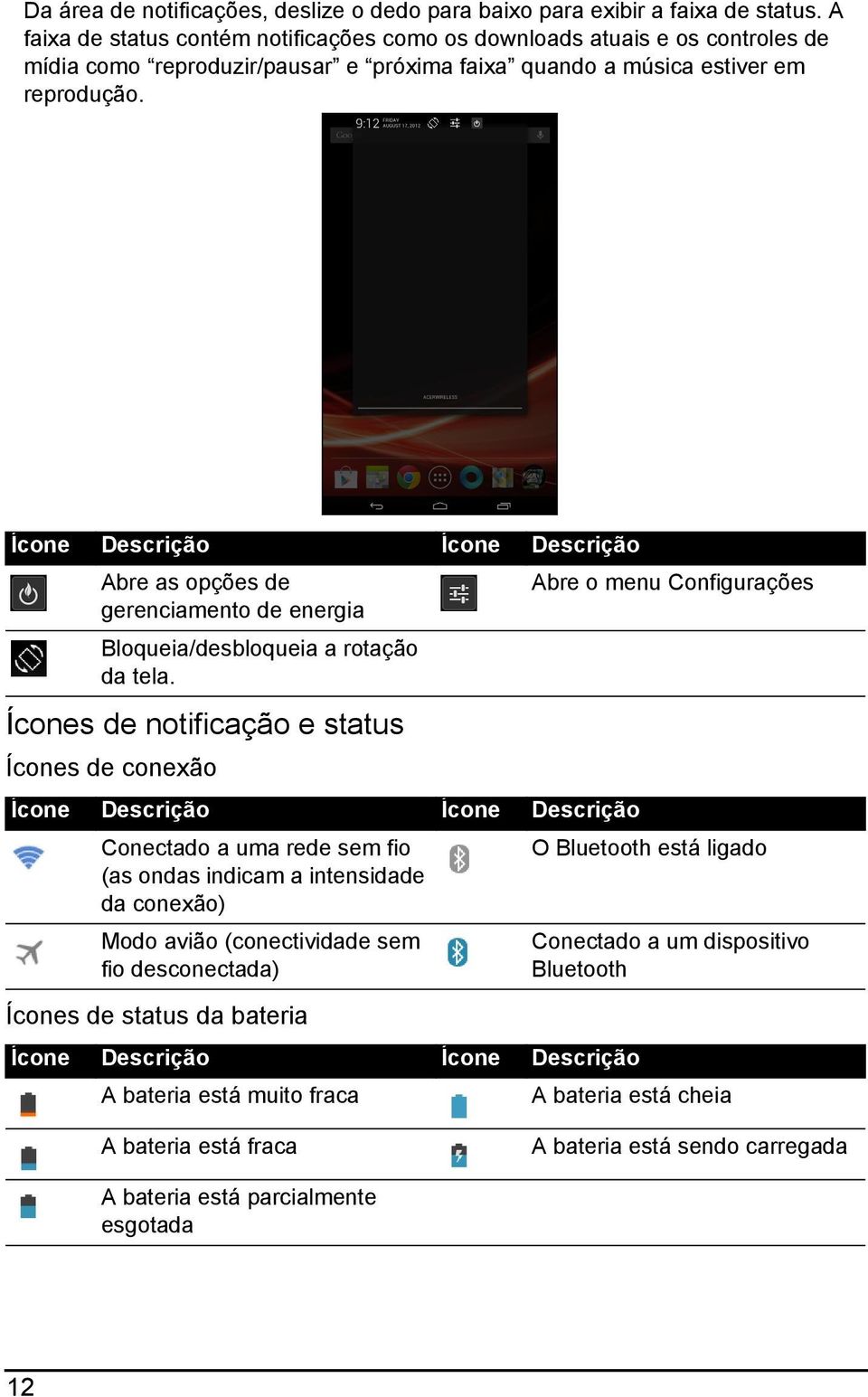 Ícone Descrição Ícone Descrição Abre as opções de Abre o menu Configurações gerenciamento de energia Bloqueia/desbloqueia a rotação da tela.
