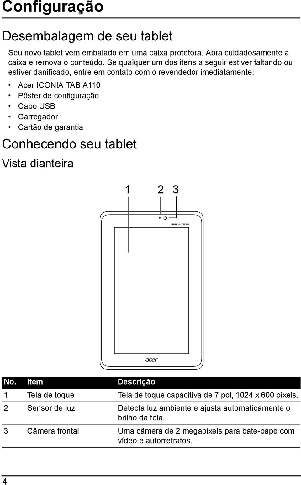 configuração Cabo USB Carregador Cartão de garantia Conhecendo seu tablet Vista dianteira 1 2 3 No.