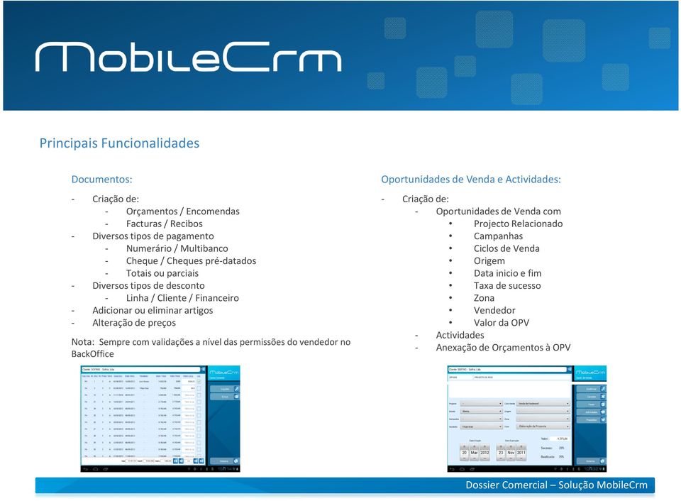 preços Nota: Sempre com validações a nível das permissões do vendedor no BackOffice Oportunidades de Venda e Actividades: - Criação de: - Oportunidades de