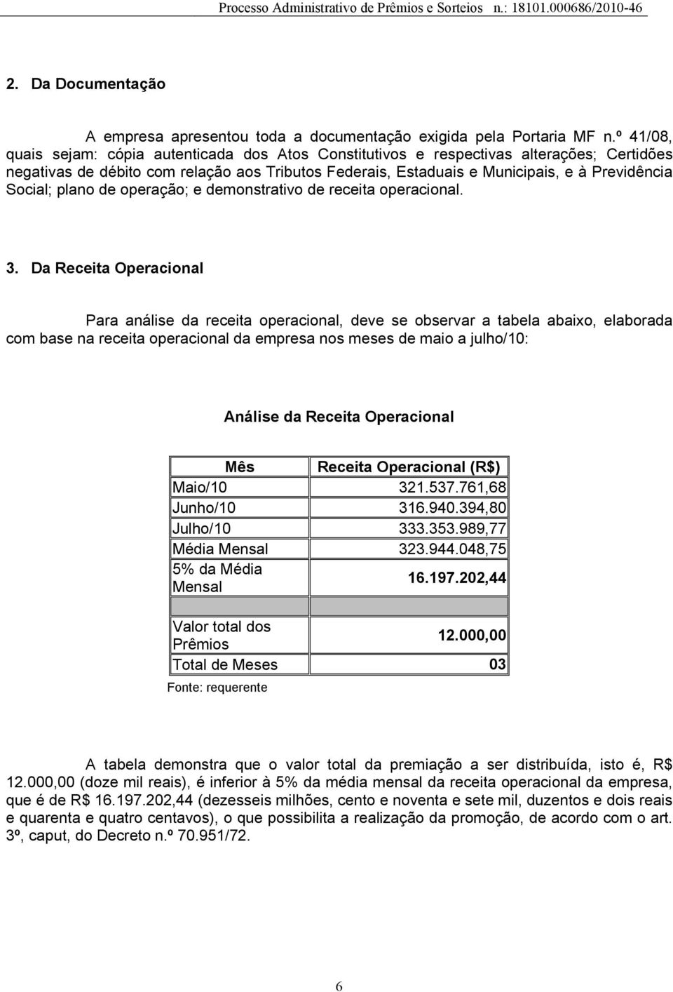 Social; plano de operação; e demonstrativo de receita operacional. 3.