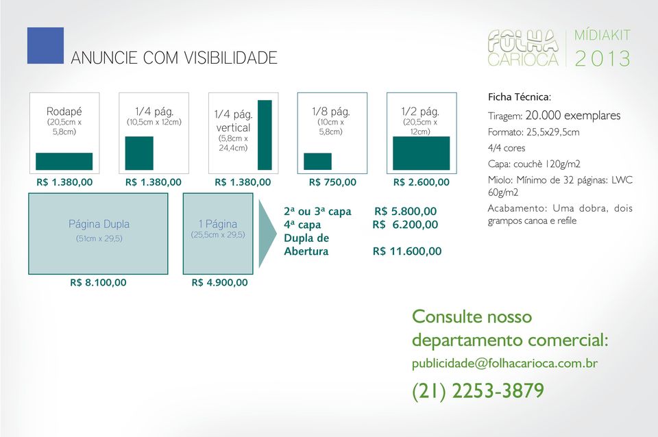 600,00 Miolo: Mínimo de 32 páginas: LWC 60g/m2 Página Dupla (51cm x 29,5) 1 Página (25,5cm x 29,5) 2ª ou 3ª capa R$ 5.800,00 4ª capa R$ 6.