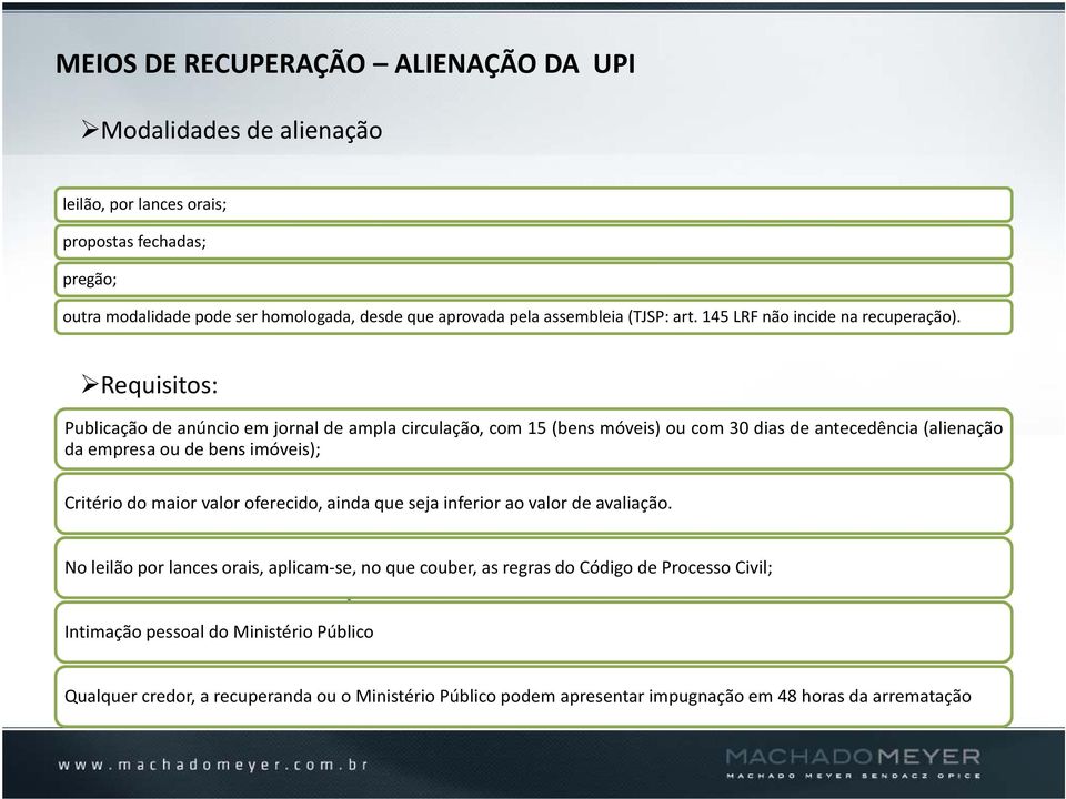 Requisitos: Publicação de anúncio em jornal de ampla circulação, com 15 (bens móveis) ou com 30 dias de antecedência (alienação da empresa ou de bens imóveis); Critério do maior