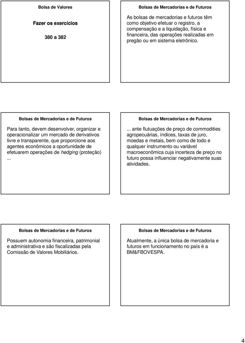 Bolsas de Mercadorias e de Futuros Para tanto, devem desenvolver, organizar e operacionalizar um mercado de derivativos livre e transparente, que proporcione aos agentes econômicos a oportunidade de