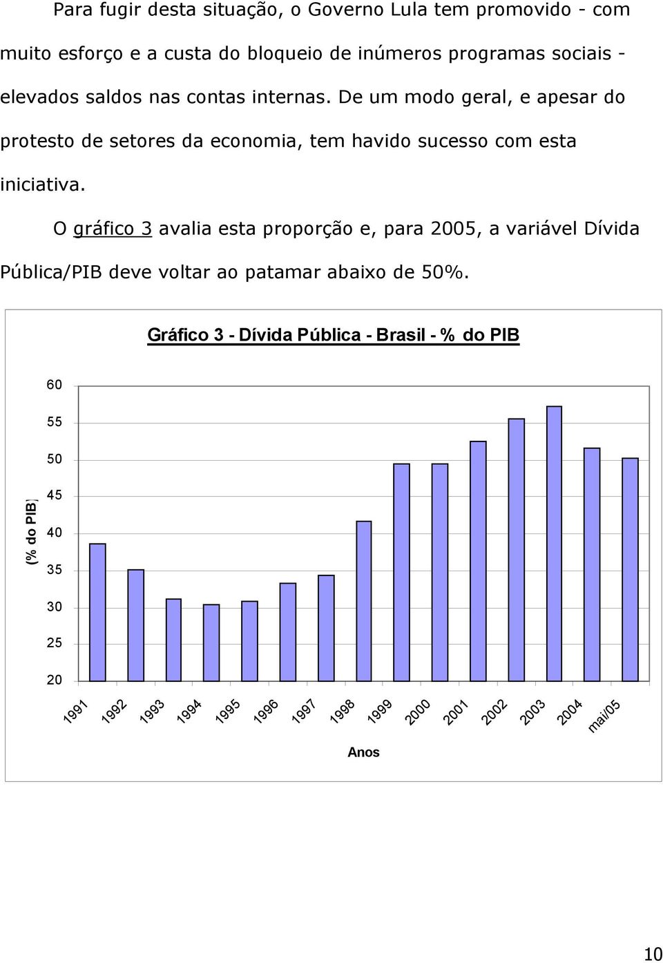 O gráfico 3 avalia esta proporção e, para 2005, a variável Dívida Pública/PIB deve voltar ao patamar abaixo de 50%.