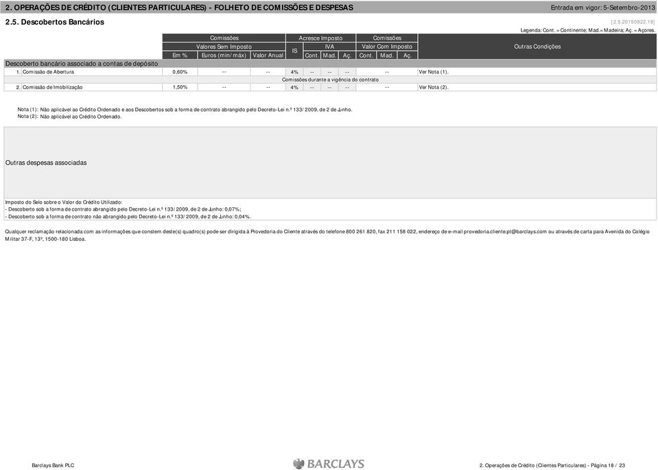 18] Nota (1): Não aplicável ao Crédito Ordenado e aos Descobertos sob a forma de contrato abrangido pelo Decreto-Lei n.º 133/2009, de 2 de Junho. Nota (2): Não aplicável ao Crédito Ordenado.