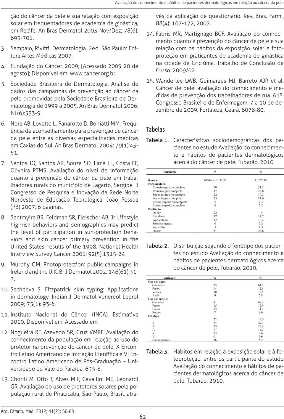Análise de dados das campanhas de prevenção ao câncer da pele promovidas pela Sociedade Brasileira de Dermatologia de 1999 a 2005. An Bras Dermatol 2006; 81(6):533-9. 6.