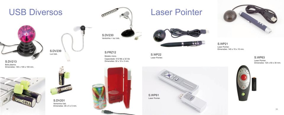Capacidade: 512 Mb a 32 Gb Dimensões: 32 x 12 x 3 mm. S.WP22 Laser Pointer. S.WP21 Laser Pointer.