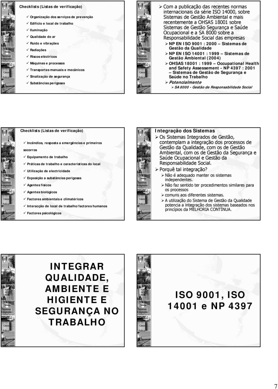 OHSAS 18001 sobre de Gestão Segurança e Saúde Ocupacional e a SA 8000 sobre a Responsabilidade Social das empresas NP EN 9001 : 2000 de Gestão da NP EN : 1999 de Gestão Ambiental (2004) OHSAS 18001 :