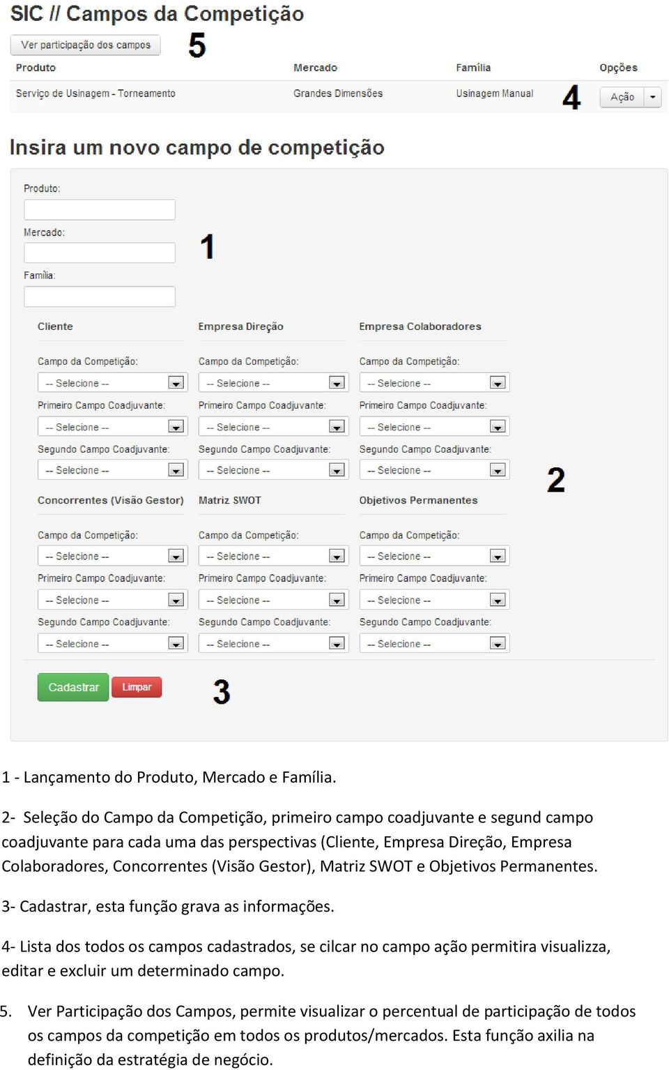 Colaboradores, Concorrentes (Visão Gestor), Matriz SWOT e Objetivos Permanentes. 3- Cadastrar, esta função grava as informações.