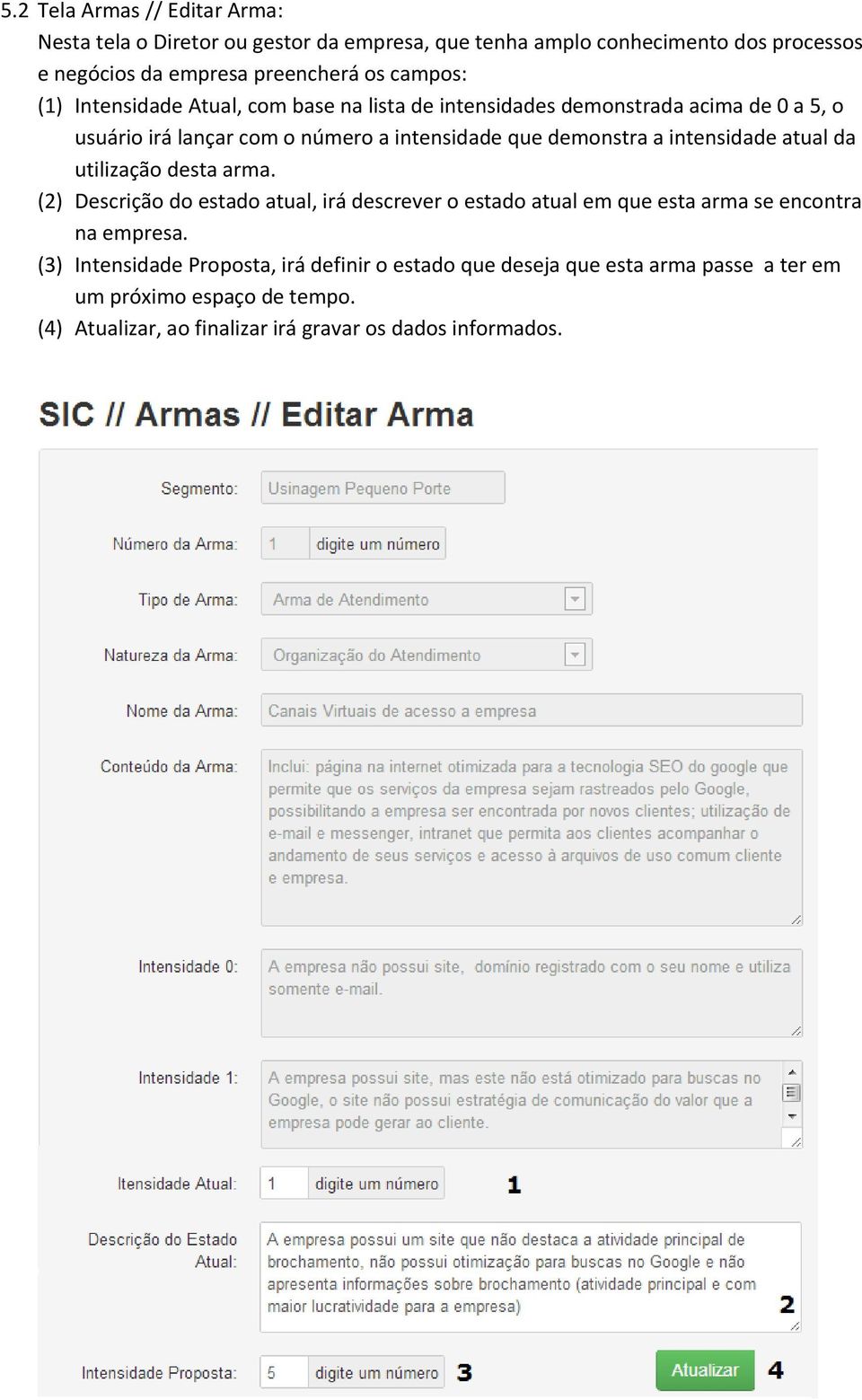 intensidade atual da utilização desta arma. (2) Descrição do estado atual, irá descrever o estado atual em que esta arma se encontra na empresa.