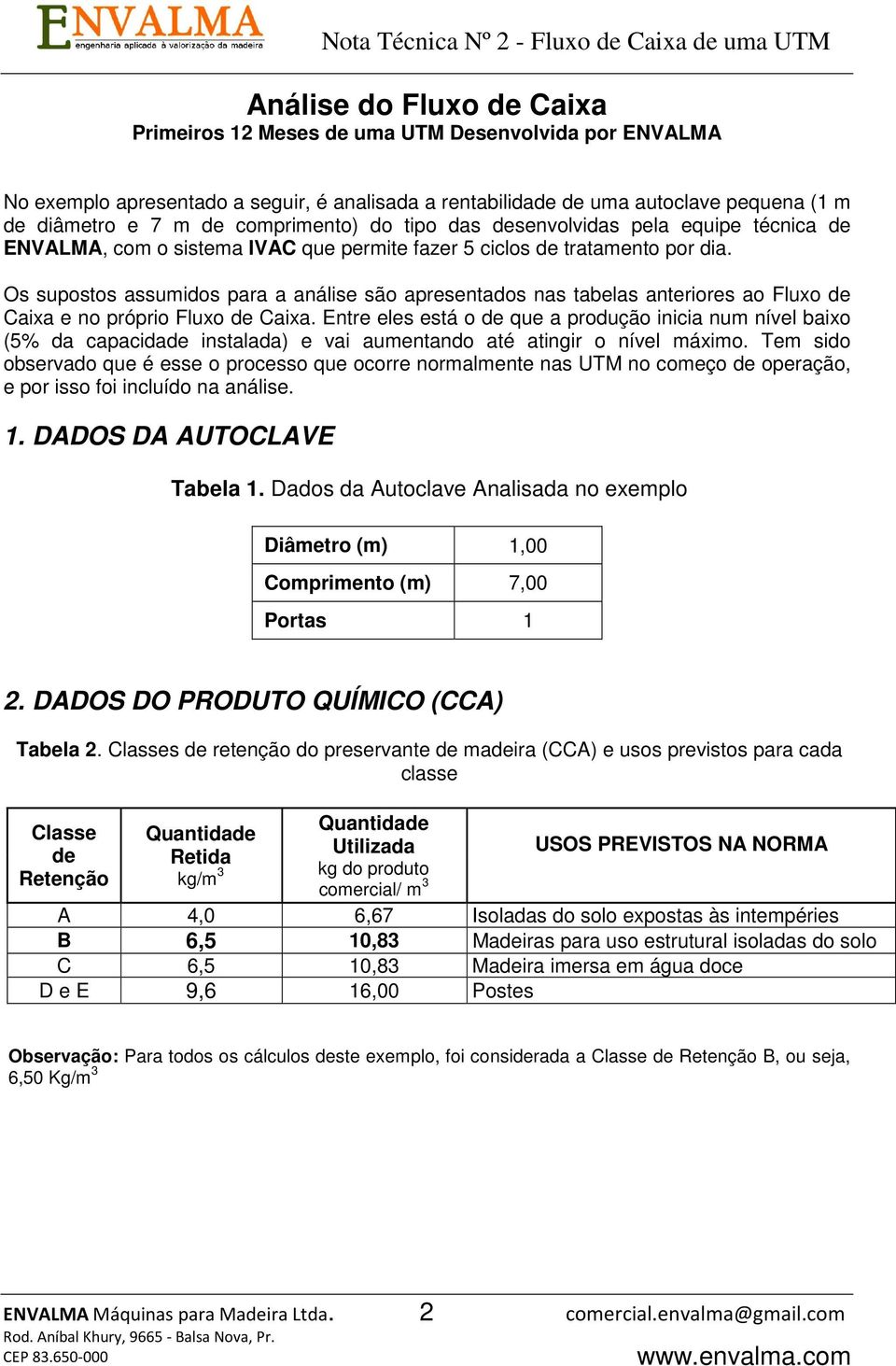 Os supostos assumidos para a análise são apresentados nas tabelas anteriores ao Fluxo de Caixa e no próprio Fluxo de Caixa.