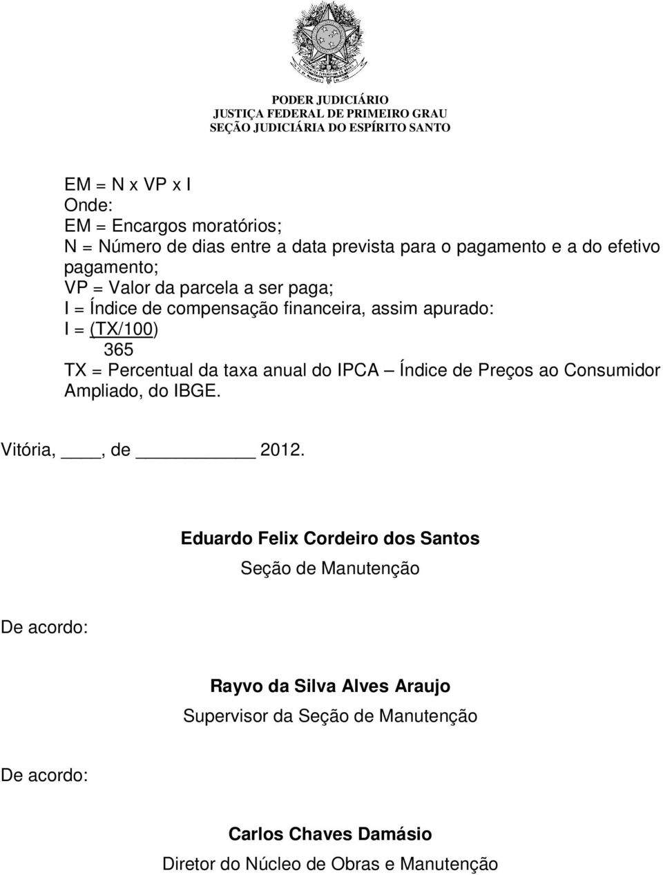 IPCA Índice de Preços ao Consumidor Ampliado, do IBGE. Vitória,, de 2012.