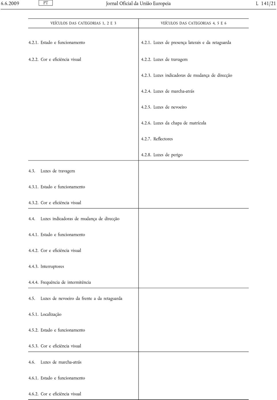 Reflectores 4.2.8. Luzes de perigo 4.3. Luzes de travagem 4.3.1. Estado e funcionamento 4.3.2. Cor e eficiência visual 4.4. Luzes indicadoras de mudança de direcção 4.4.1. Estado e funcionamento 4.4.2. Cor e eficiência visual 4.4.3. Interruptores 4.