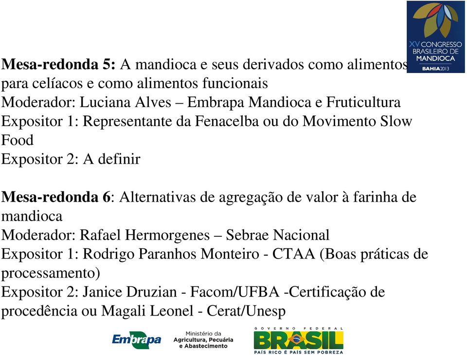 Alternativas de agregação de valor à farinha de mandioca Moderador: Rafael Hermorgenes Sebrae Nacional Expositor 1: Rodrigo Paranhos