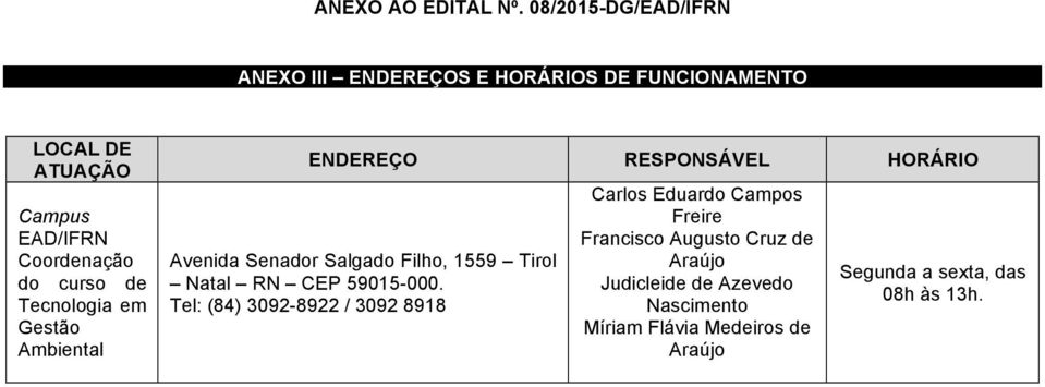 curso de Tecnologia em Gestão Ambiental ENDEREÇO RESPONSÁVEL HORÁRIO Avenida Senador Salgado Filho, 1559 Tirol