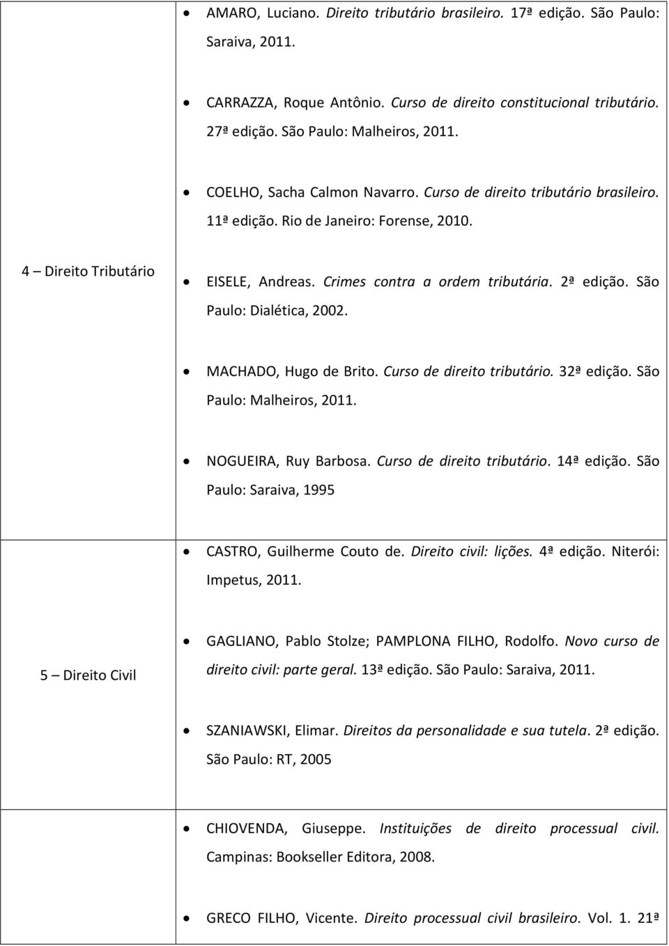 São Paulo: Dialética, 2002. MACHADO, Hugo de Brito. Curso de direito tributário. 32ª edição. São Paulo: Malheiros, 2011. NOGUEIRA, Ruy Barbosa. Curso de direito tributário. 14ª edição.