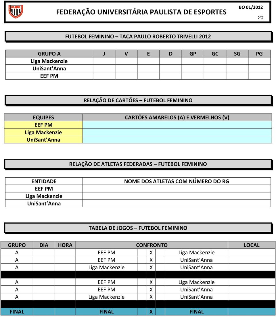 ATLETAS FEDERADAS FUTEBOL FEMININO ENTIDADE NOME DOS ATLETAS COM NÚMERO DO RG TABELA DE