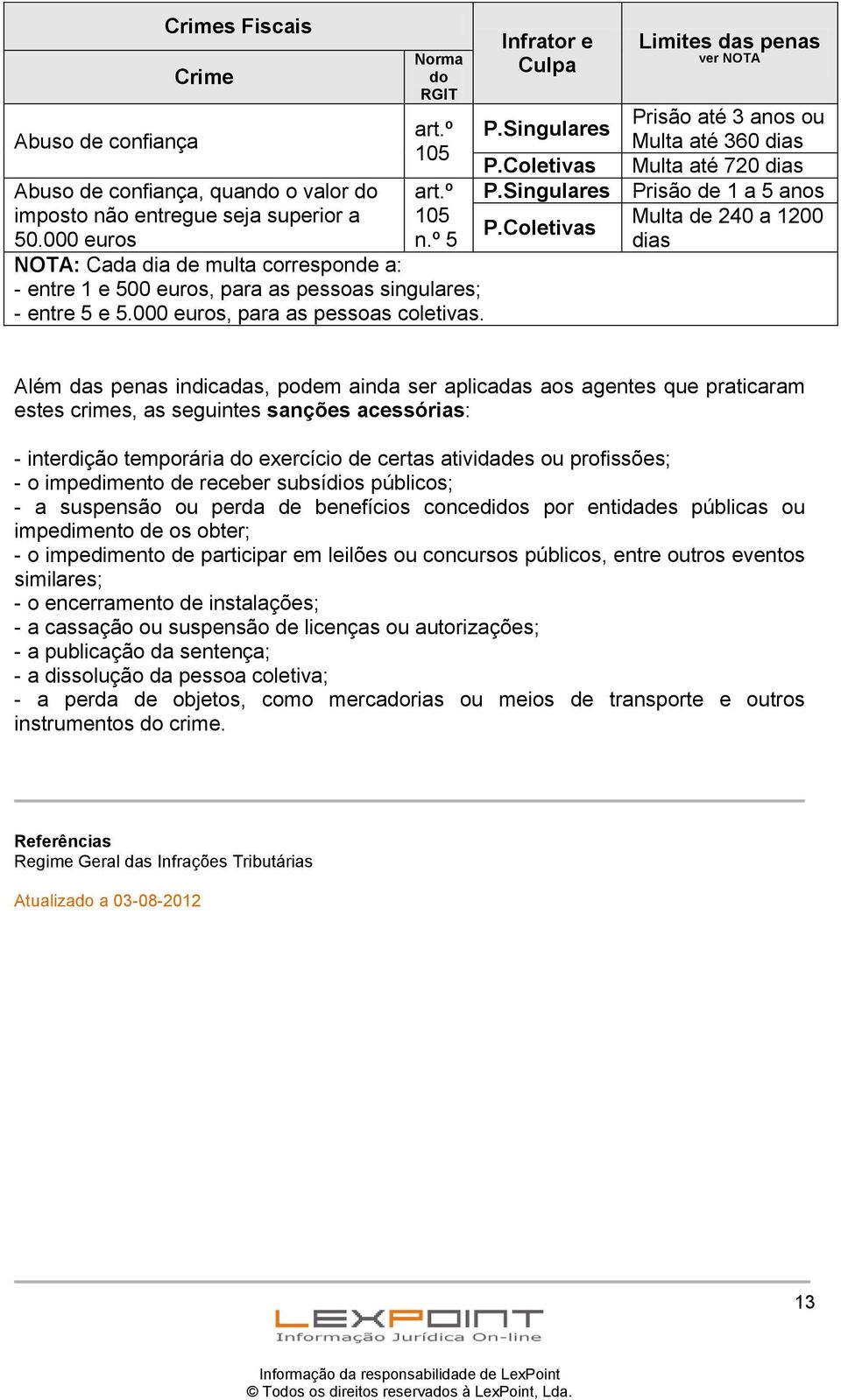 Infrator e Culpa Limites das penas ver NOTA Prisão de 1 a 5 anos Multa de 240 a 1200 dias Além das penas indicadas, podem ainda ser aplicadas aos agentes que praticaram estes crimes, as seguintes