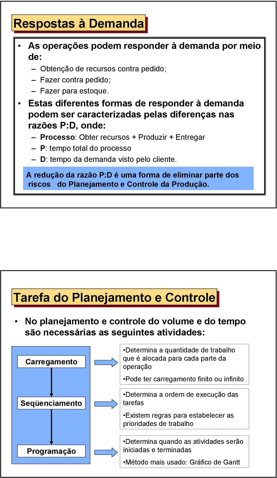 demanda visto pelo cliente. A redução da razão P:D é uma forma de eliminar parte dos riscos do Planejamento e Controle da Produção.