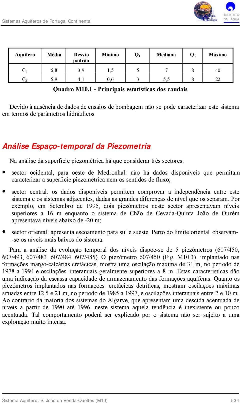 Análise Espaço-temporal da Piezometria Na análise da superfície piezométrica há que considerar três sectores: sector ocidental, para oeste de Medronhal: não há dados disponíveis que permitam