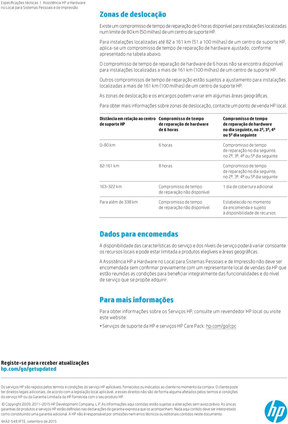 O compromisso de tempo de reparação de hardware de 6 horas não se encontra disponível para instalações localizadas a mais de 161 km (100 milhas) de um centro de suporte HP.