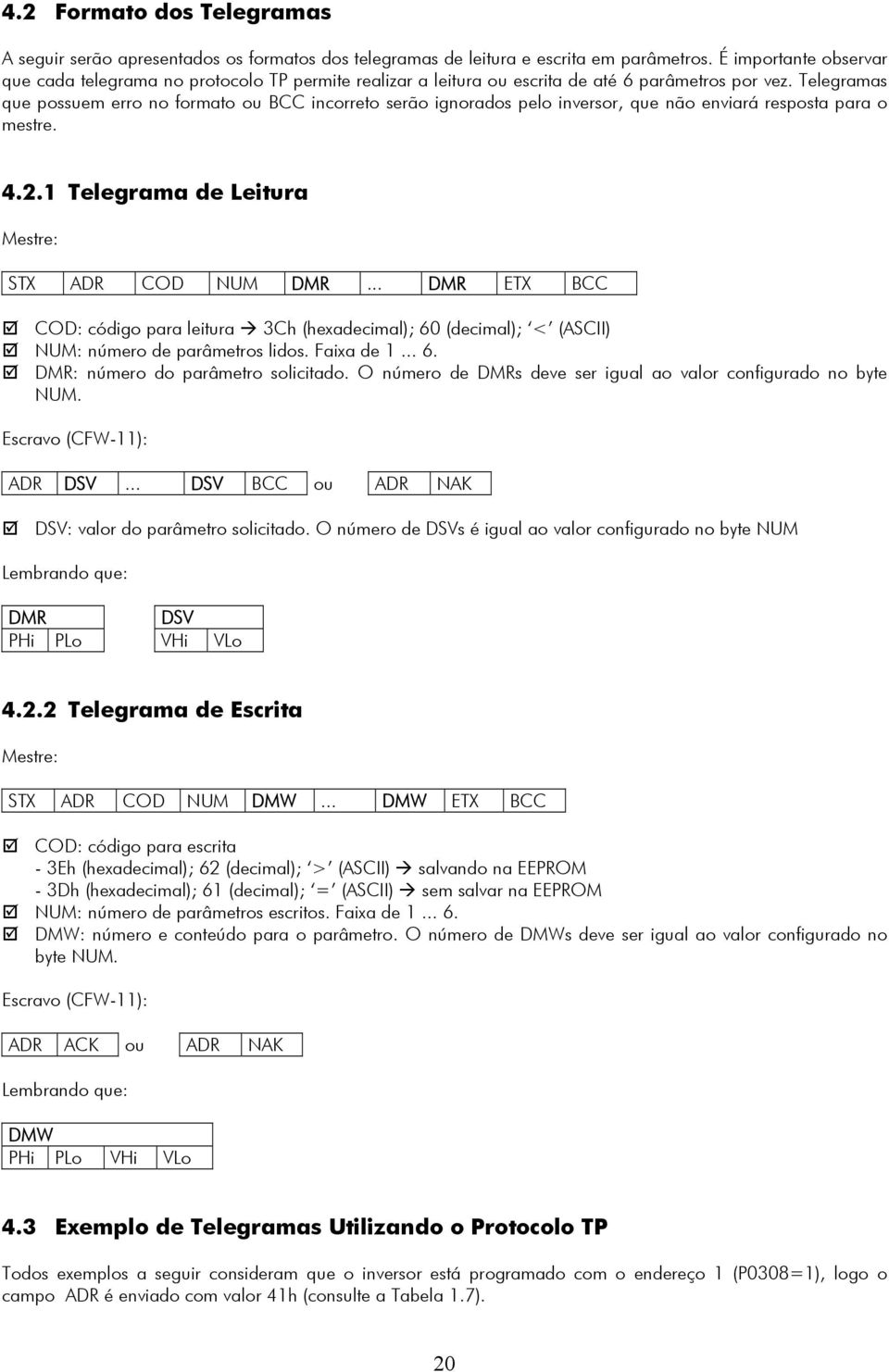 Telegramas que possuem erro no formato ou BCC incorreto serão ignorados pelo inversor, que não enviará resposta para o mestre. 4.2.1 Telegrama de Leitura Mestre: STX ADR COD NUM DMR.