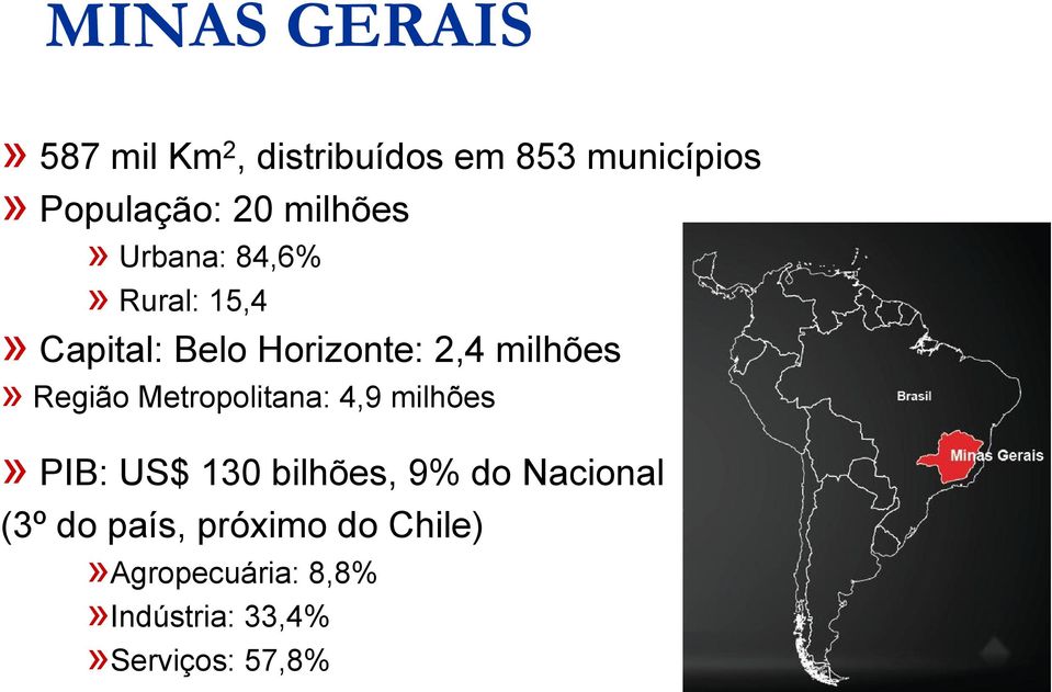 Região Metropolitana: 4,9 milhões» PIB: US$ 130 bilhões, 9% do Nacional (3º
