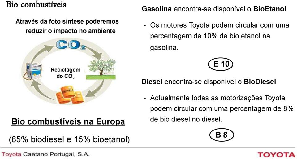 Toyota podem circular com uma percentagem de 10% de bio etanol na gasolina.