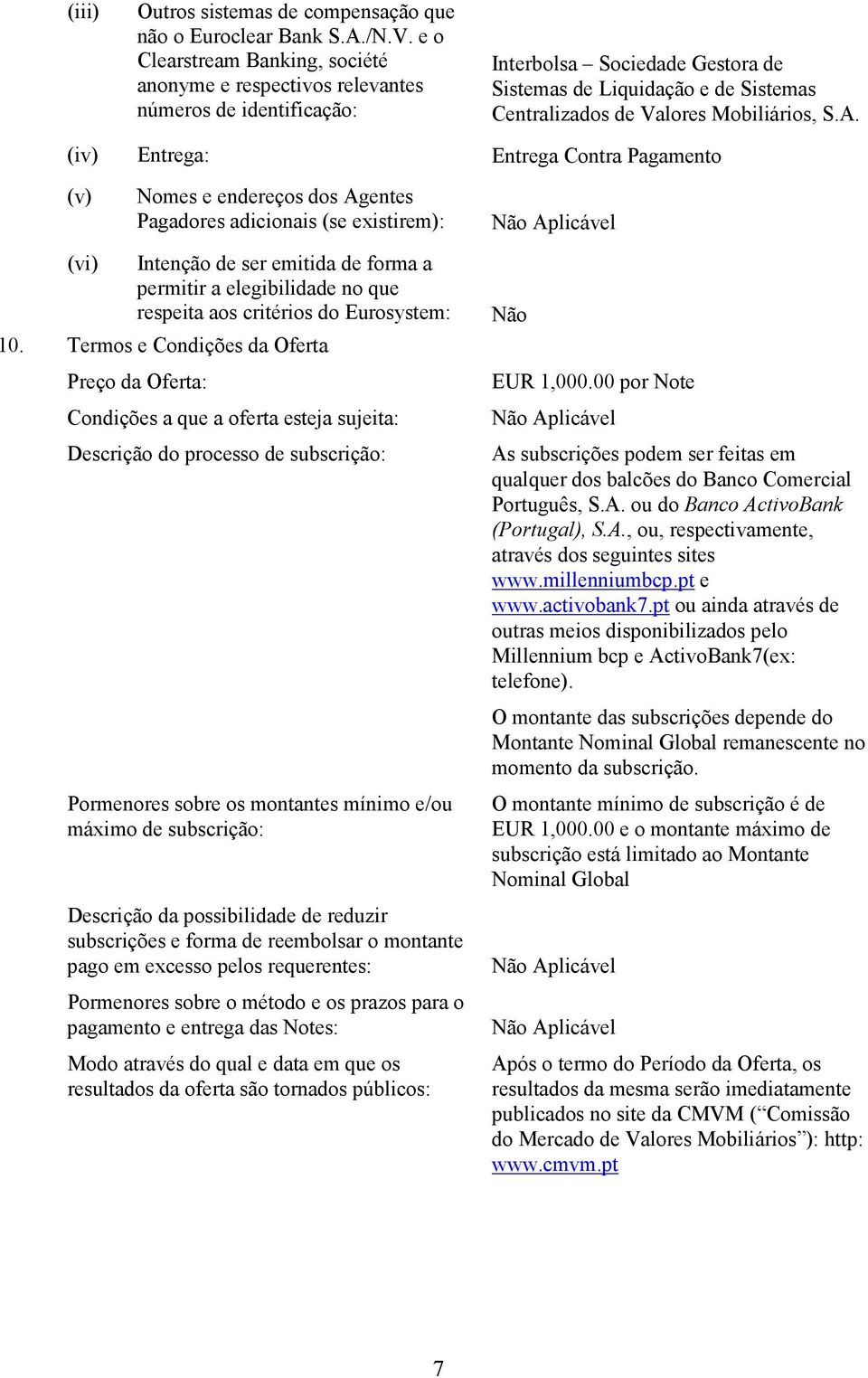 S.A. (iv) Entrega: Entrega Contra Pagamento (v) Nomes e endereços dos Agentes Pagadores adicionais (se existirem): (vi) Intenção de ser emitida de forma a permitir a elegibilidade no que respeita aos