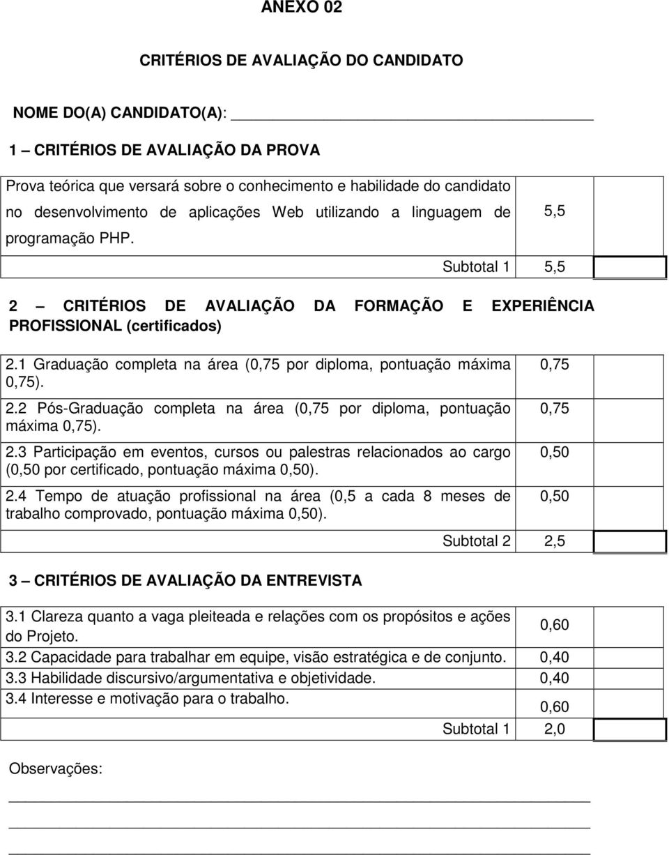 1 Graduação completa na área (0,75 por diploma, pontuação máxima 0,75). 2.2 Pós-Graduação completa na área (0,75 por diploma, pontuação máxima 0,75). 2.3 Participação em eventos, cursos ou palestras relacionados ao cargo (0,50 por certificado, pontuação máxima 0,50).