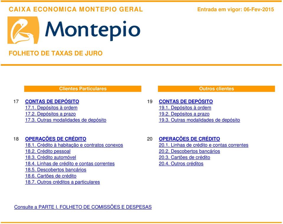 1. Linhas de crédito e contas correntes 18.2. Crédito pessoal 20.2. Descobertos bancários 18.3. Crédito automóvel 20.3. Cartões de crédito 18.4.