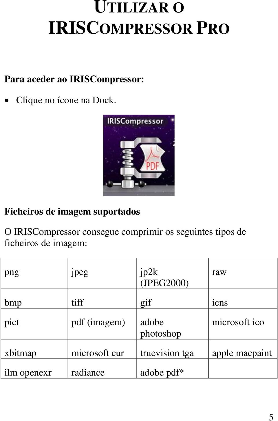 ficheiros de imagem: png jpeg jp2k (JPEG2000) raw bmp tiff gif icns pict pdf (imagem) adobe