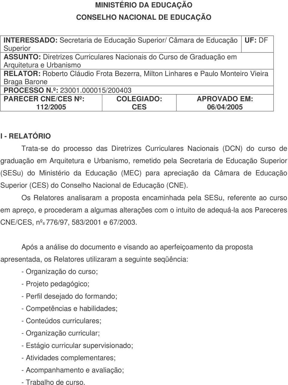 000015/200403 PARECER CNE/CES Nº: 112/2005 COLEGIADO: CES APROVADO EM: 06/04/2005 I - RELATÓRIO Trata-se do processo das Diretrizes Curriculares Nacionais (DCN) do curso de graduação em Arquitetura e